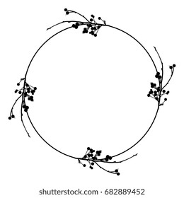Decorative round frame with four tree boughs and berries. Isolated black silhouette. Design element, framework, emblem. 
