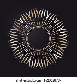 Decorative round frame with gold abstract pattern on black background. Circular ornament. An elegant element for design. Vector.