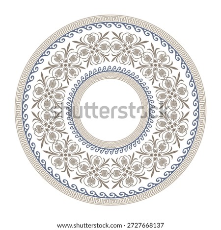 Decorative round frame with greek meander floral ornament. Vintage ornamental border. Greek meander. Patterns of Greece and ancient Rome. European border. Typical egyptian, assyrian, greek motives
