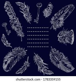 Decorative round frame of hand drawn feathers and keys with a space for text. Invitation, postcard, textile design. White on a dark background.
