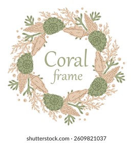 Decorative round frame with the image of shells and corals. Sketch of illustrations. Underwater cordon for the icon or logo in the sea.	