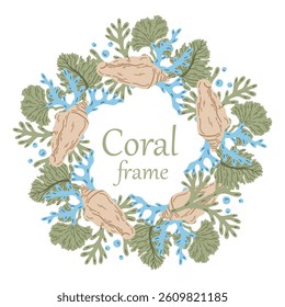 Decorative round frame with the image of shells and corals. Sketch of illustrations. Underwater cordon for the icon or logo in the sea.	