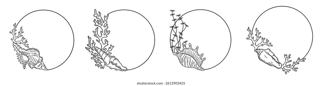 Decorative round frame with the image of shells and corals. Sketch of illustrations. Underwater cordon for the icon or logo in the sea.