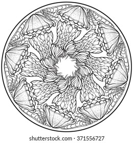 Decorative round frame with jellyfishes  in mandala style. Template for coloring book. Vintage vector pattern isolated on white. Tattoo design. EPS10 vector illustration.