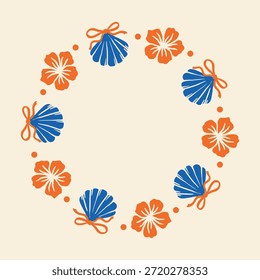Decorative round frame made of alternating blue sea shells with bows and orange hibiscus flowers, connected by dots. Nautical and tropical summer design on beige background.