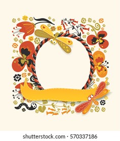 Decorative round frame made of candy cane and yellow ribbon. Various plants, flowers, and cute insects on a floral colorful background. For cards, birthday invitations, banners etc