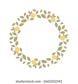  Decorative round frame made of lemons and green leaves on a white background. Perfect for invitations, summer designs, natural product labels, and seasonal greeting cards.