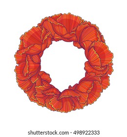 Decorative round frame made of red flowers, isolated on white background
