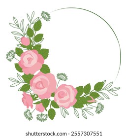 Decorative round frame made of roses, leaves and twigs. Party invitation with roses. Vector illustration for promotional posters and wedding cards. Isolated on white background.