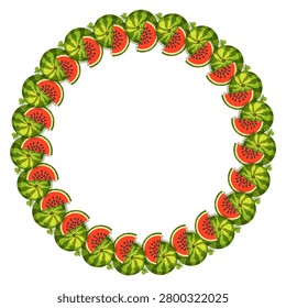 Decorative round frame made from whole watermelons and watermelon slices. Bright summer fruit border with copy space, perfect for invitations, labels, packaging, posters, social media, healthy food branding and seasonal designs.