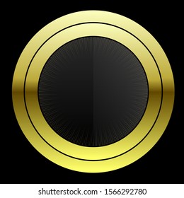 Decorative round frame with metallic golden pattern. Circle frame for logo, label, company name, rating, ranking, cover, emblem, icon, luxury template, pawnshop or web page graphic design element.