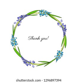 Decorative round frame Muscari flower hand drawn ink sketch isolated on white backdrop, floral hyacinth wreath for package, medicine, florist shop, cosmetic design, wedding invite, greeting card