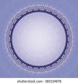Decorative round frame on light violet. Ornate element for design and place for text. Ornamental lace pattern for wedding invitations and greeting cards. Traditional floral decor.
