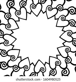 Decorative round frame on white background. Black and white isolated illustration for invitation, poster, card, postcard. Template design for Valentine's day, wedding, birthday, Mothers Day.