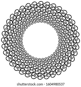 Decorative round frame on white background. Black and white isolated illustration for invitation, poster, card, postcard. Template design for Valentine's day, wedding, birthday, Mothers Day.