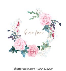 Decorative round frame of pale roses, white spring flowers, eucalyptus and succulents. Light floral bouquet for wedding invitations and romantic cards. Hand drawn vector illustration.