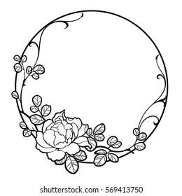 Decorative round frame with peony rose flower, leaves and swirls. Black line art on white background. Can be used for decorate postcards, tattoo, engraving, etching, decorate t-shorts, tunics, bags.