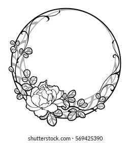 Decorative round frame with peony rose flower. Black and grey line art on white background. Can be used for decorate postcards, tattoo, engraving, etching, decorate t-shorts, tunics, bags.