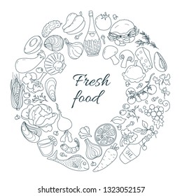 Decorative round frame of products: vegetables, fruits, wine, seafood with the inscription Fresh food. Vector
