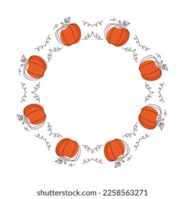 Decorative round frame with pumpkin. Autumn circle frame. Template for autumn decorative design. Vector illustration.