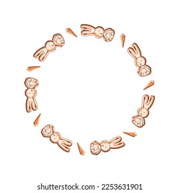 Decorative round frame with rabbits and carrots. Easter round wreath. Design for creating invitations, posters, cards.
Vector illustration.