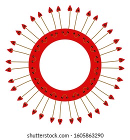Decorative round frame with red ornate hearts. Template design for Valentine's day, wedding, birthday, Mothers Day. Isolated vector illustration for fabric, posters, card, postcard. Copy space.