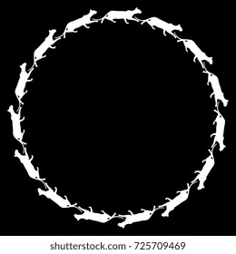 Decorative round frame with silhouettes of sneaking cats. Clockwise movement. White pattern on black background. Concept of eternal continuity.