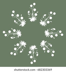 Decorative round frame with summer floral motif of wild daisy flowers. Folk style. Isolated white silhouette on olive green background.