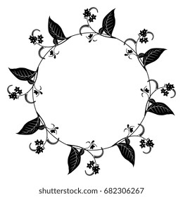 Decorative round frame with summer floral motif of wild flowers. Delicate vintage style. Isolated black silhouette on white background.