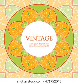Decorative round frame vector. Vintage floral ornament design with oriental, indian, mexican or ottoman motif. Template for fashion banner, tag, flyer, label, birthday card or wedding invitation.