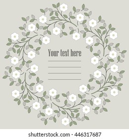 Decorative round frame with white flowers and leaves can be used for greeting card, baby shower, wedding invitation and more creative designs.