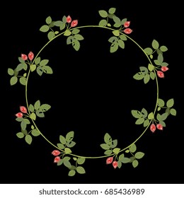 Decorative round frame with wild rose boughs and berries. Delicate colors on black background. Design element, framework, emblem.