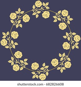 Decorative round frame with wreath of roses. Folk style. Isolated golden bronze yellow silhouette on dark blue background. 