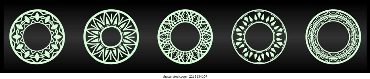 Decorative round frames for design. Circular frame. Templates for printing postcards, invitations, books, for textiles, engraving, wooden furniture, forging. Vector illustration on colored background