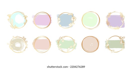 Decorative round frames with grunge pastel elements. Golden rings, floral decor frame or banner. Vector sketch wild flowers, vintage cards decor