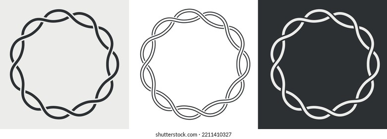 Decorative round frames. Set of circle border cord silhouette, line art and inversion. Symmetry chain logo. Spiral, hair scrunchy. Vector illustration