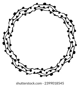 Decorative round framing. Vector circle frame with twigs doodle, black and white illustration by hand. Isolated hand drawn border.