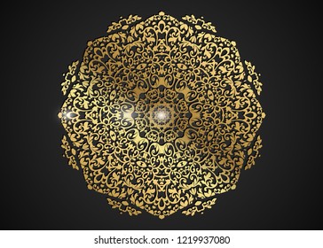 Decorative round gold frame for design with laser cut ornament. Luxury Circle mandala. A template for printing postcards, invitations, books, for textiles, engraving, wooden furniture, forging. Vector