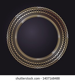 Decorative round gold frame for design with a abstract floral ornament. Circle frame. Elegant element for printing of cards, invitations, books, for textiles, engraving, forging. Vector
