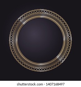 Decorative round gold frame for design with a abstract floral ornament. Circle frame. Elegant element for printing of cards, invitations, books, for textiles, engraving, forging. Vector