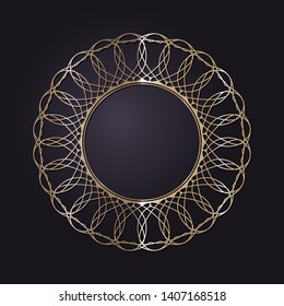 Decorative round gold frame for design with a abstract floral ornament. Circle frame. Elegant element for printing of cards, invitations, books, for textiles, engraving, forging. Vector