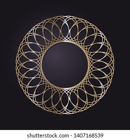 Decorative round gold frame for design with a abstract floral ornament. Circle frame. Elegant element for printing of cards, invitations, books, for textiles, engraving, forging. Vector