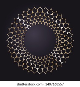 Decorative round gold frame for design with a abstract floral ornament. Circle frame. Elegant element for printing of cards, invitations, books, for textiles, engraving, forging. Vector