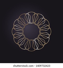 Decorative round gold frame for design with a abstract floral ornament. Circle frame. Elegant element for printing of cards, invitations, books, for textiles, engraving, forging. Vector.
