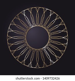 Decorative round gold frame for design with a abstract floral ornament. Circle frame. Elegant element for printing of cards, invitations, books, for textiles, engraving, forging. Vector.