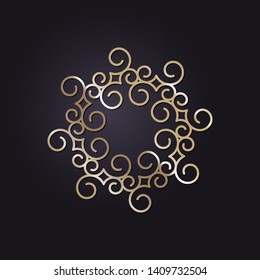 Decorative round gold frame for design with a abstract floral ornament. Circle frame. Elegant element for printing of cards, invitations, books, for textiles, engraving, forging. Vector.