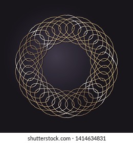 Decorative round gold frame for design with a abstract floral ornament. Circle frame. Elegant element for printing of cards, invitations, books, for textiles, engraving, forging. Vector.