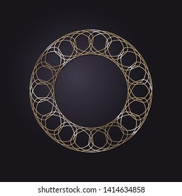 Decorative round gold frame for design with a abstract floral ornament. Circle frame. Elegant element for printing of cards, invitations, books, for textiles, engraving, forging. Vector.