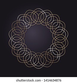 Decorative round gold frame for design with a abstract floral ornament. Circle frame. Elegant element for printing of cards, invitations, books, for textiles, engraving, forging. Vector.
