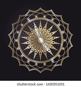 Decorative round gold frame for design with a abstract floral ornament. Circle frame. Elegant element for printing of cards, invitations, books, for textiles, engraving, forging. Vector.